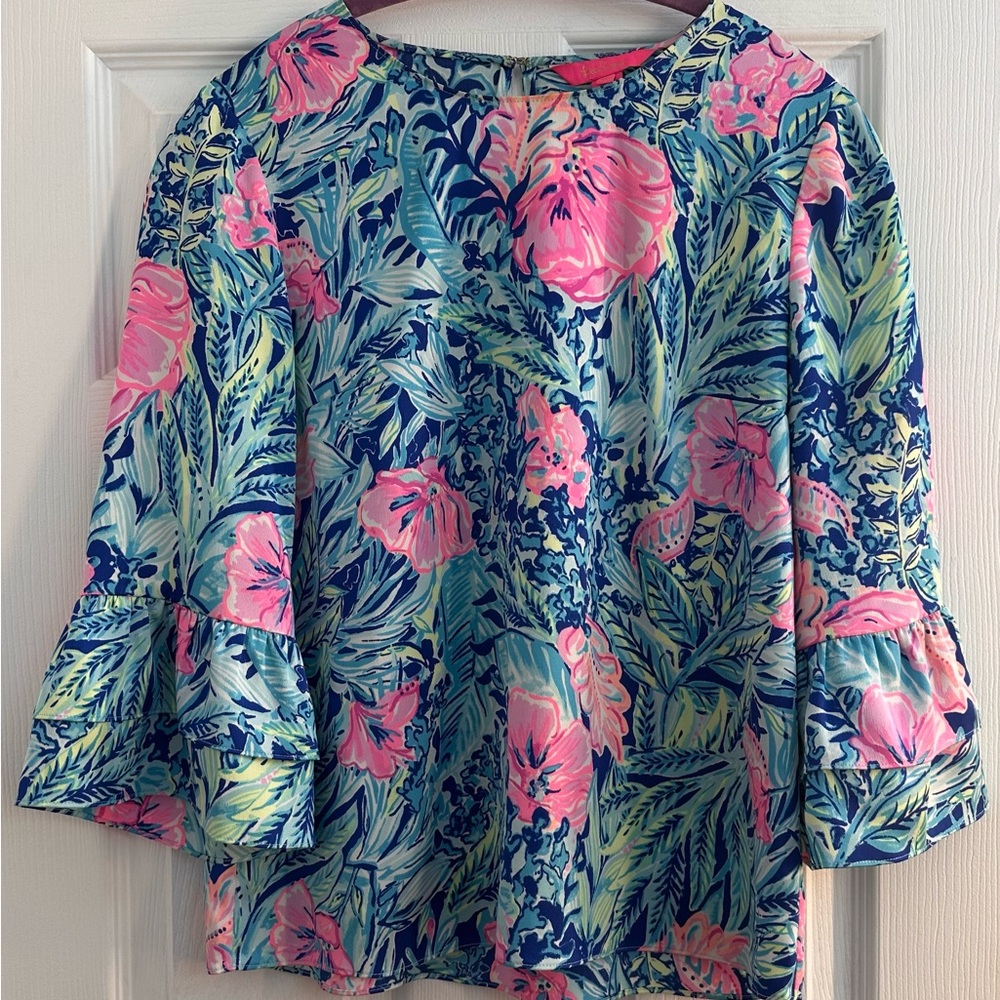 Lilly Pulitzer Pink Floral Bell-Sleeve Blouse on Aqua
